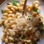 A fork lifts a bite of creamy pasta from a plate. The dish is garnished with fresh parsley and seasoned with black pepper, creating a warm and inviting meal presentation. Subtle sunlight enhances the appetizing appearance.