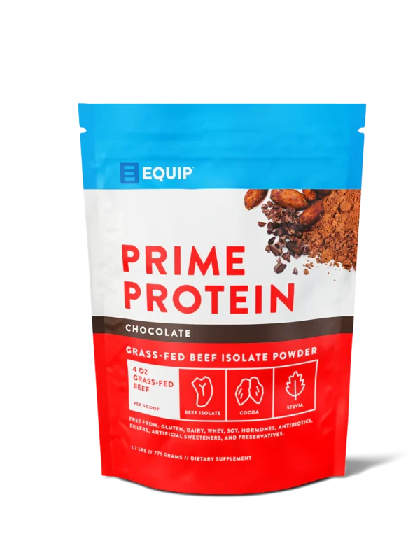 A red, white, and blue pouch of Equip Prime Protein chocolate-flavored grass-fed beef isolate powder, featuring images of cocoa beans and powder, and icons for beef isolate, cocoa, and stevia.