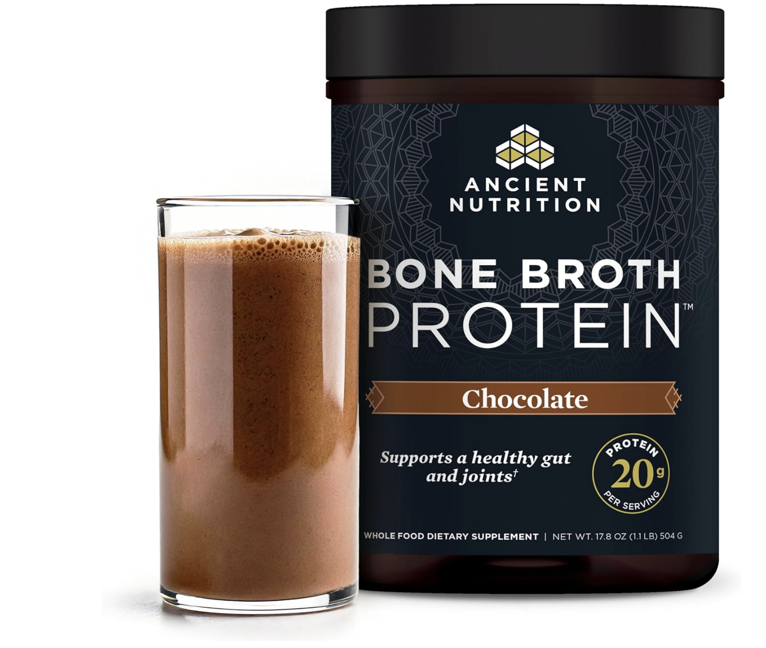 A glass of chocolate protein shake is beside a container of Ancient Nutrition Bone Broth Protein powder, chocolate flavor, which highlights gut and joint health benefits and contains 20g of protein per serving.